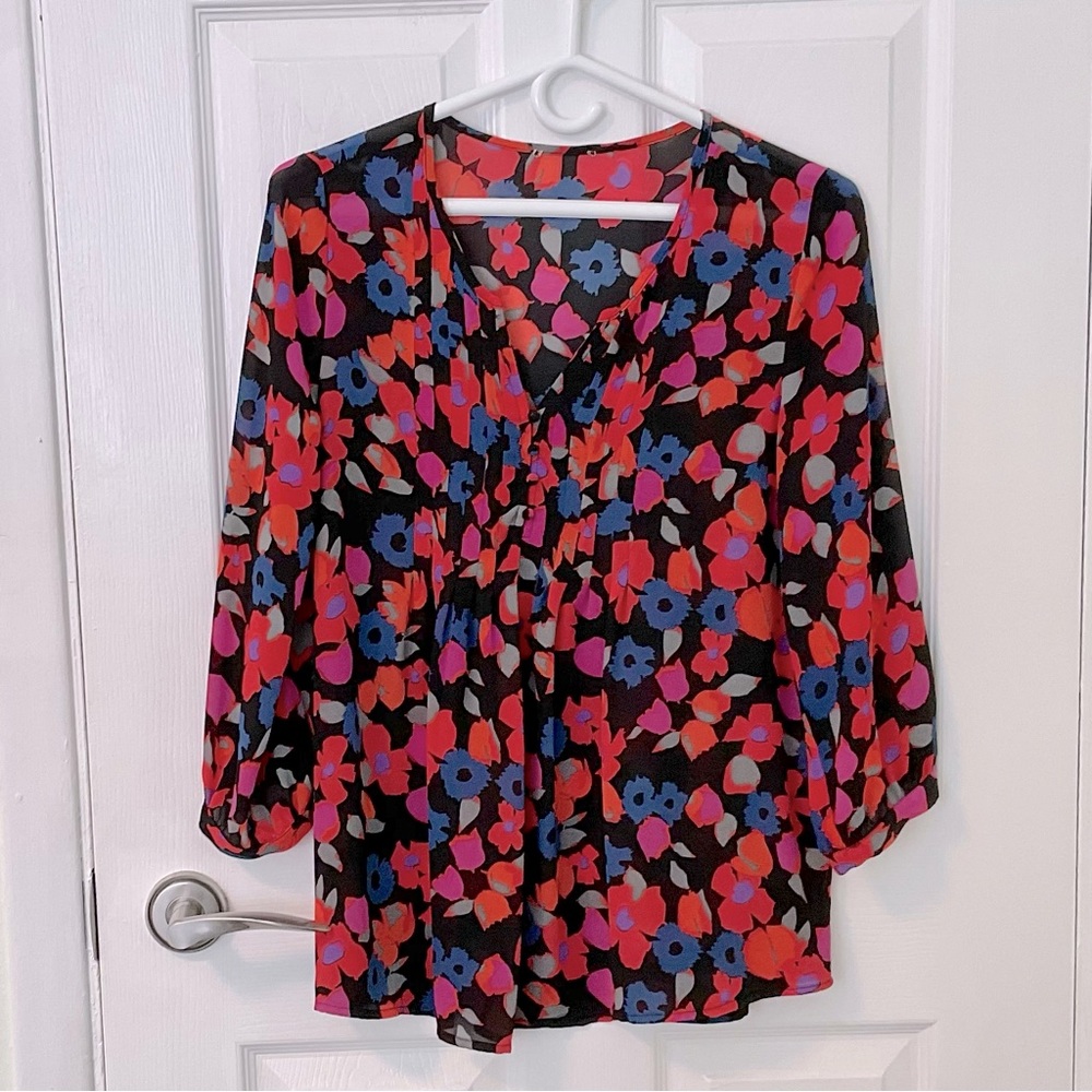 EUC V-Neck 3/4 Sleeve Blouse Black Orange Blue Pink Size S Small